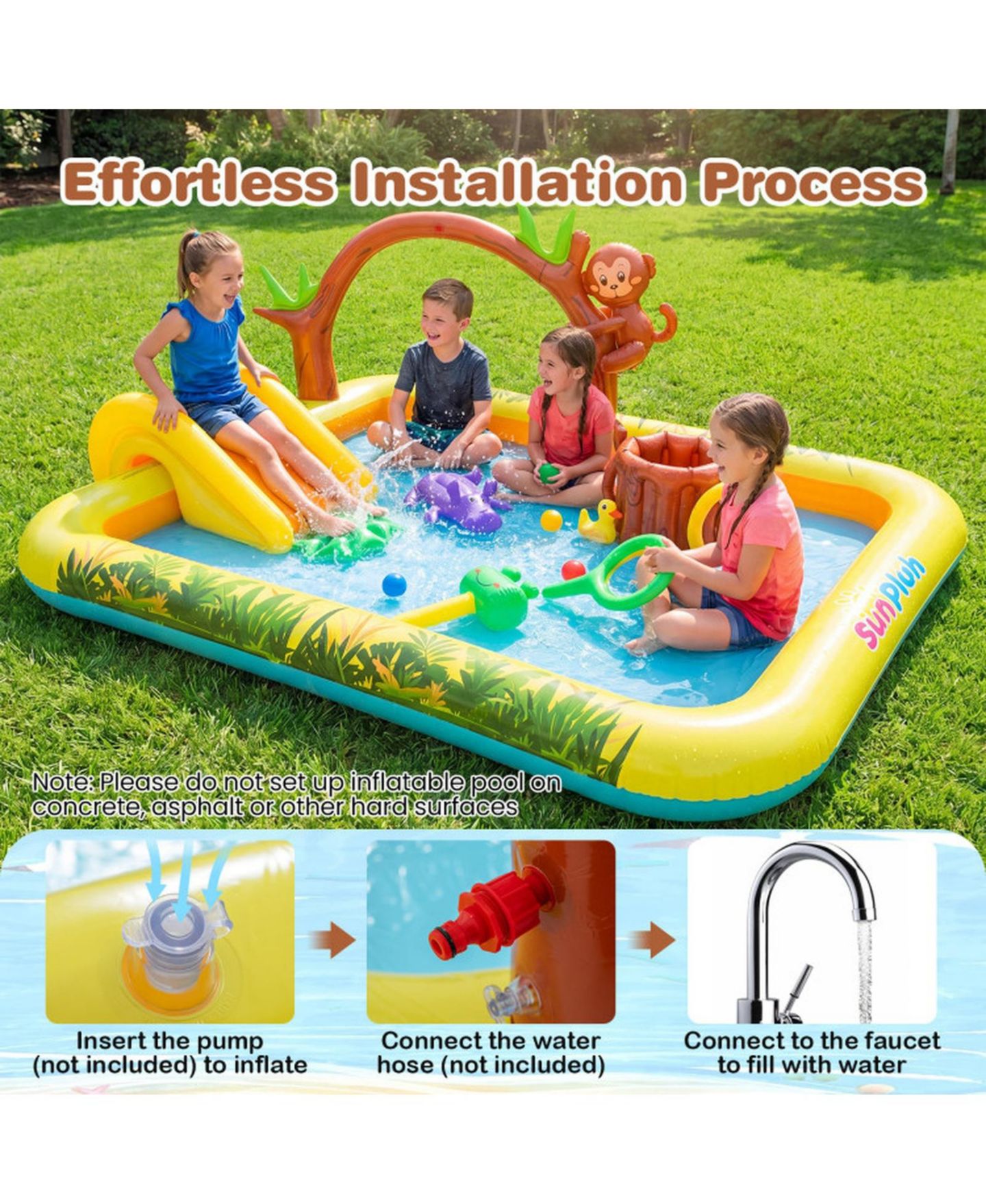 Детская игрушка SUGIFT Animal-Themed Inflatable Splash Pool with Slide and Interactive Water Sprayer Ages 2-6, цвет: Жёлтый — фото 6