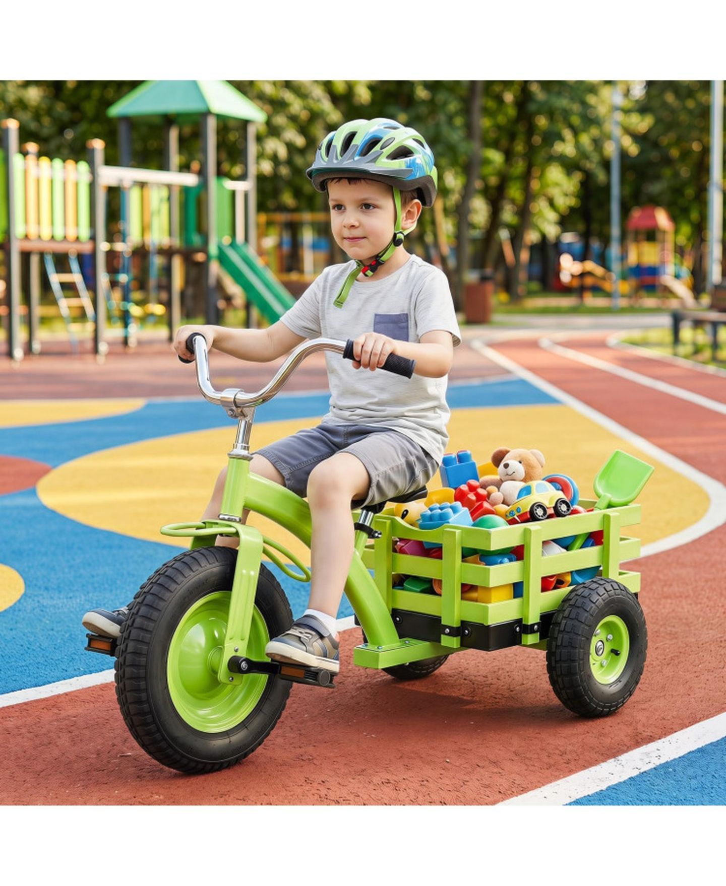 Детская игрушка SUGIFT Kids Tricycle with 15-Inch Inflatable Rubber Tires and Rear Wooden Cargo Basket, 200 lbs Capacity, Ages 3+, цвет: Зелёный — фото 2