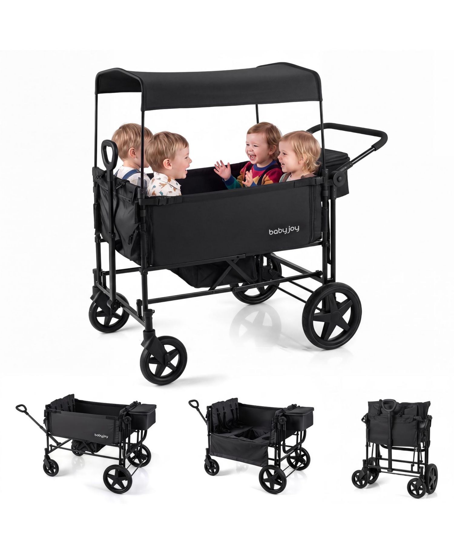 Foldable Wagon Stroller for 4 Kids with Removable Canopy