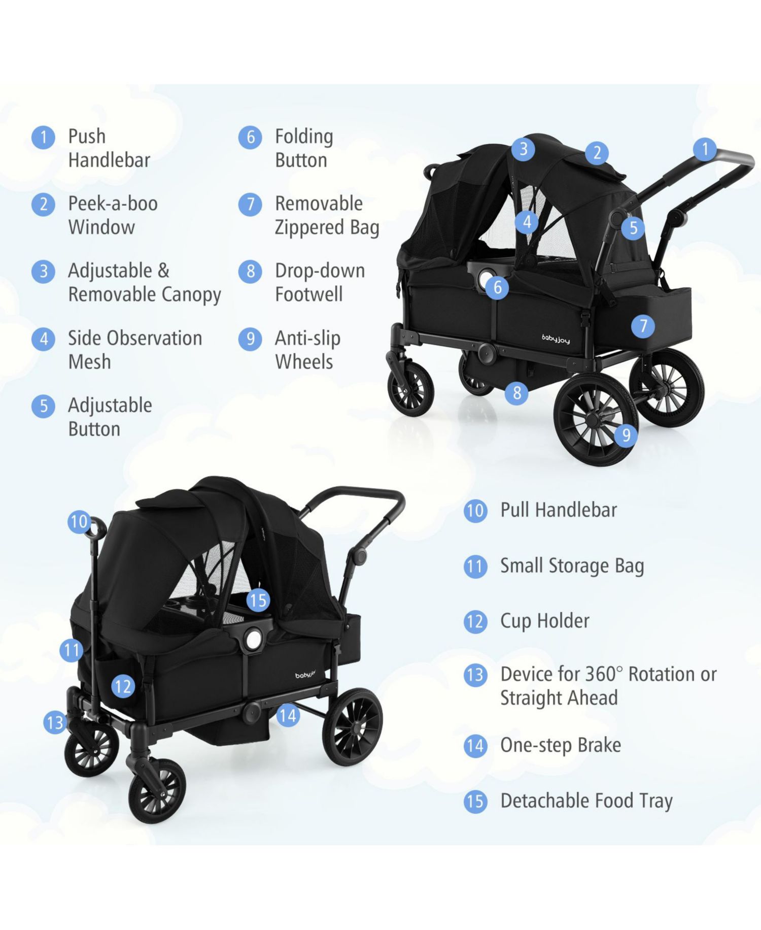 Foldable Wagon Stroller for 4 Kids with Removable Canopy