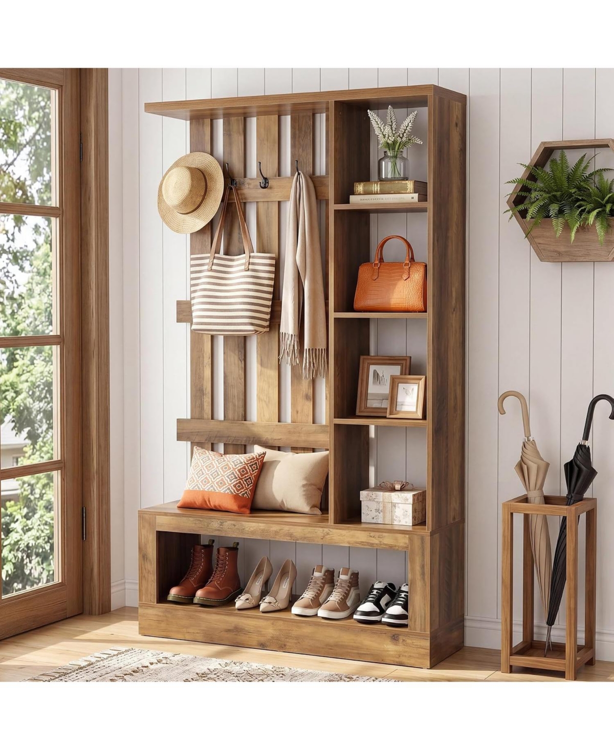 Tribesigns Hall Tree with Bench and Shoe Storage,70.87" Tall Coat Rack Entryway Furniture - Rustic brown