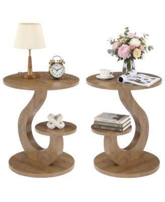 2-Tier Round End Table Set of 2, S-Shaped Side Table