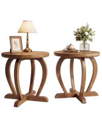 Rustic Wood Round End Table Set of 2, Vintage Side Table