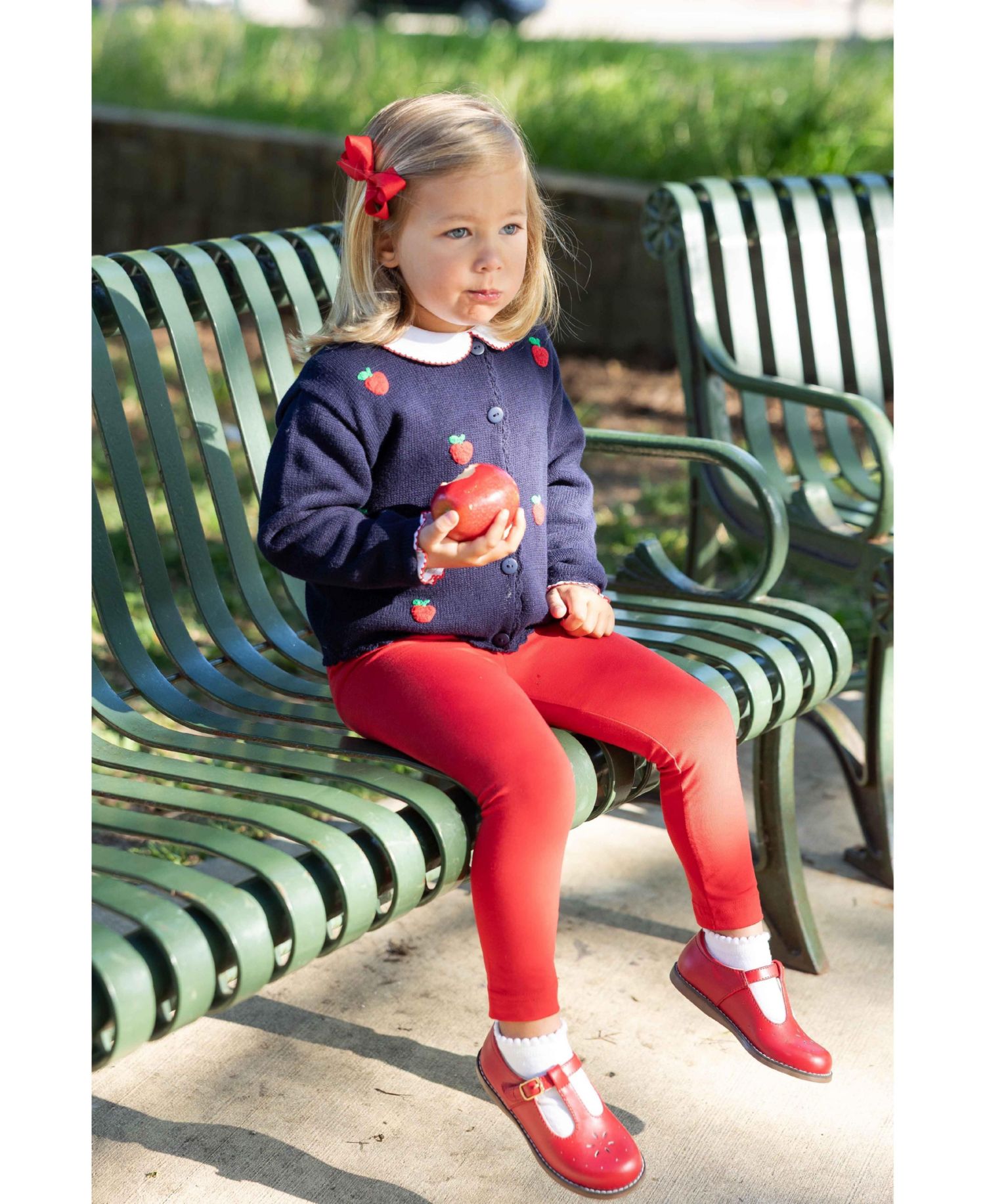 Toddler Girls' 2T-5T Long-Sleeve Crewneck Hand-Knit Red Apples Cardigan