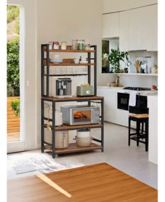 Kitchen Storage Shelf with Hooks and Power Outlet, Utility Bakers Rack for Dining Room, Metal Panel