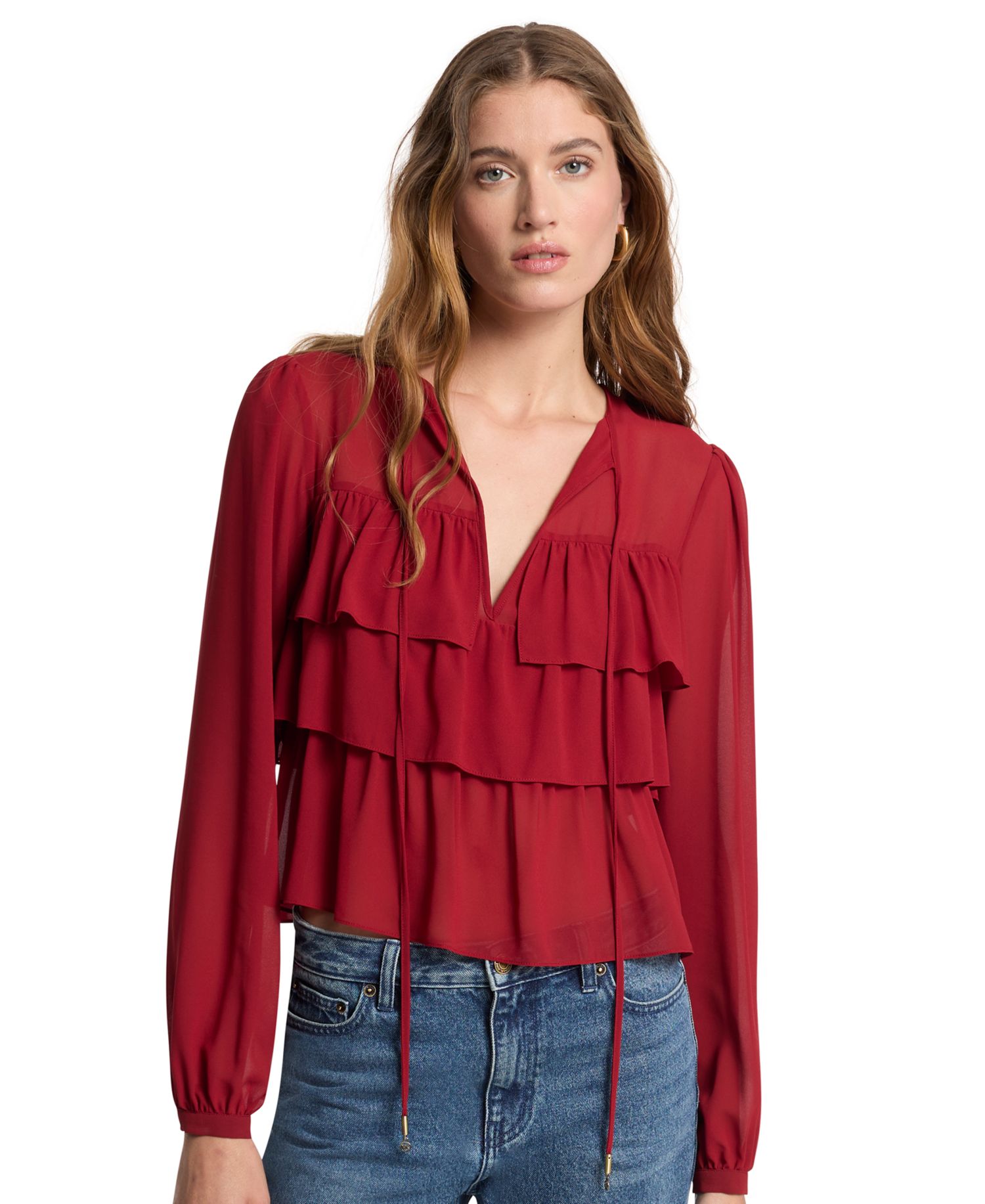 Women's Long-Sleeve Chiffon Ruffle-Tier Blouse
