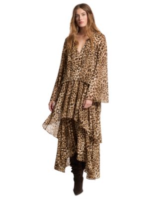 MICHAEL Women's Long Sleeve Leopard Print High-Low Dress
