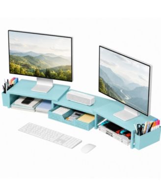 Dual Monitor Stand Riser With Drawer and Pen Holders, Compatible With Monitors and Laptops