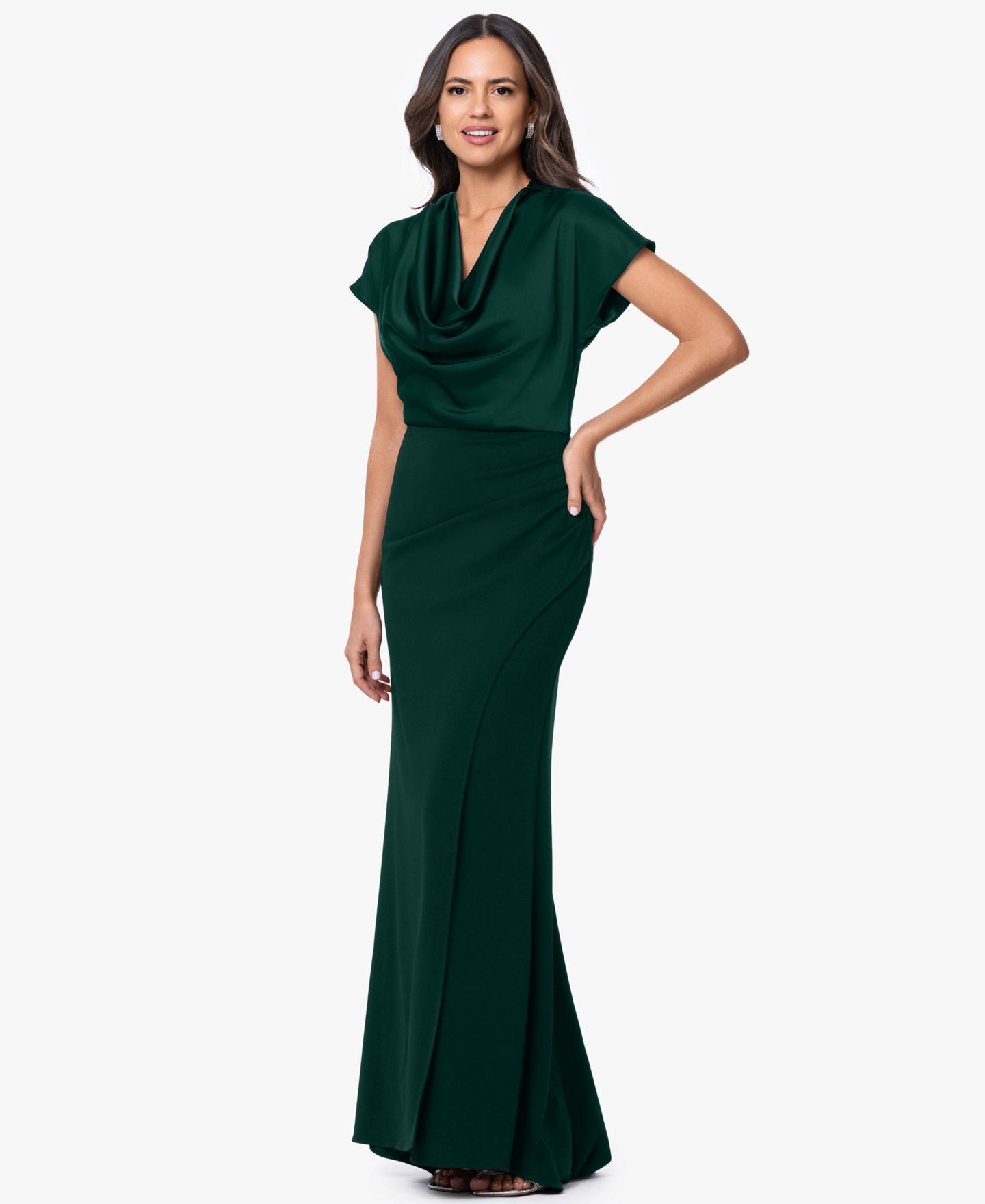 Женские платья Betsy & Adam Petite Cowl Neck Long Ball Gown, цвет: Тёмно-зелёный — фото 3