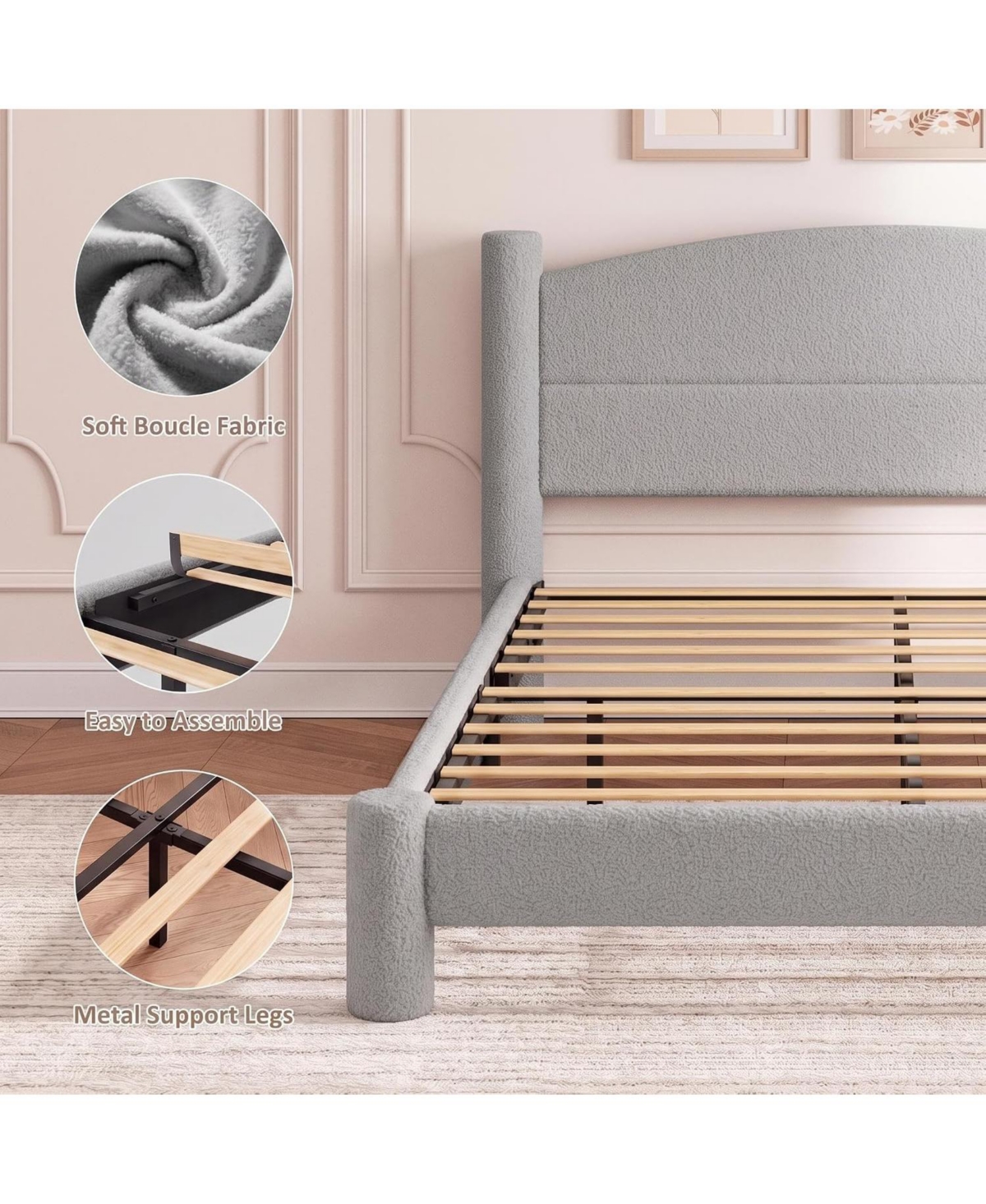 homfan Full Cloud Bed Round Boucle Headboard and Cylindrical Legs, Heavy Duty, No Box Spring, Easy Assembly