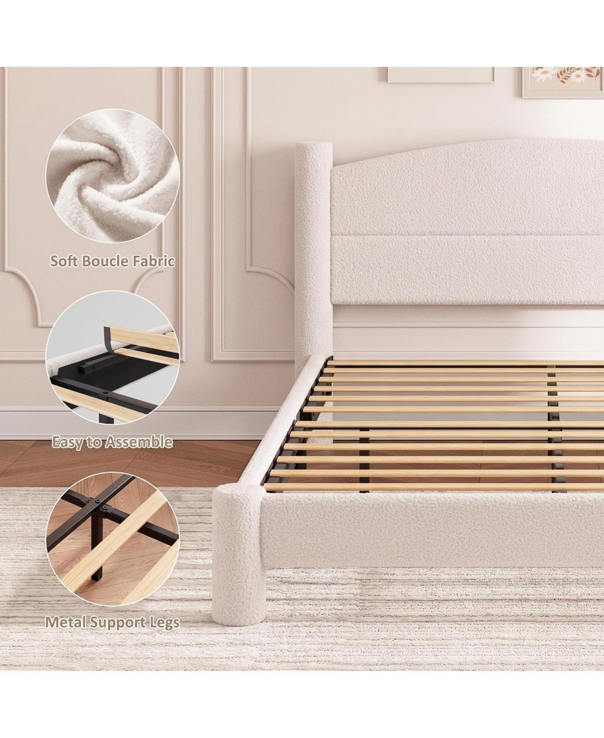 homfan Twin Cloud Bed Round Boucle Headboard and Cylindrical Legs, Heavy Duty, No Box Spring, Easy Assembly