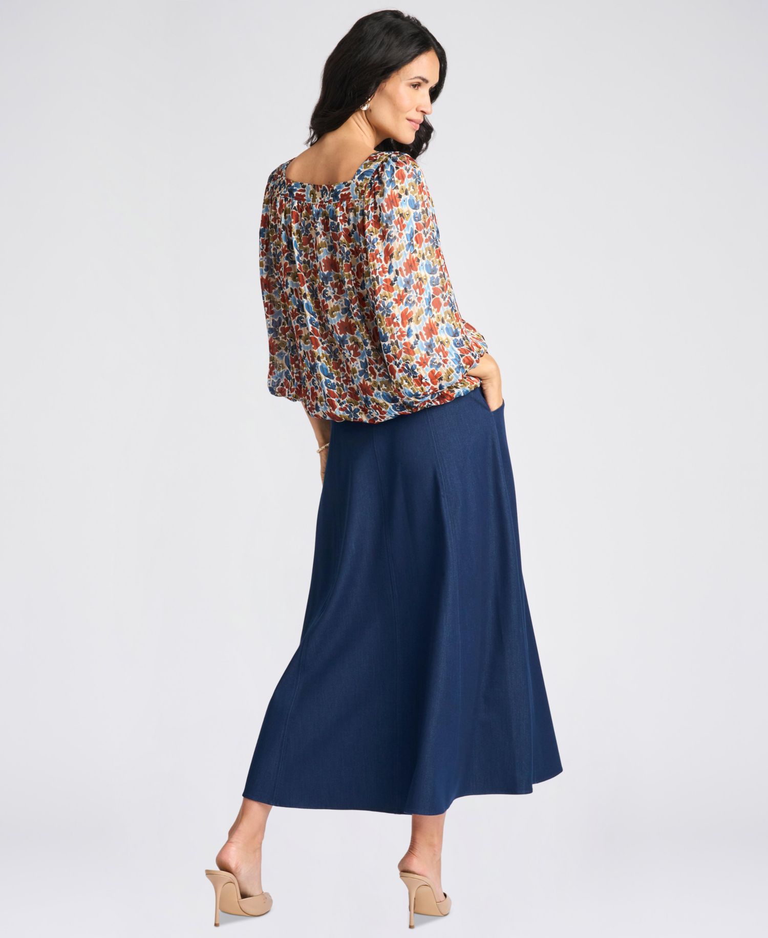 Women's Floral Square Neck 3/4-Sleeve Blouse