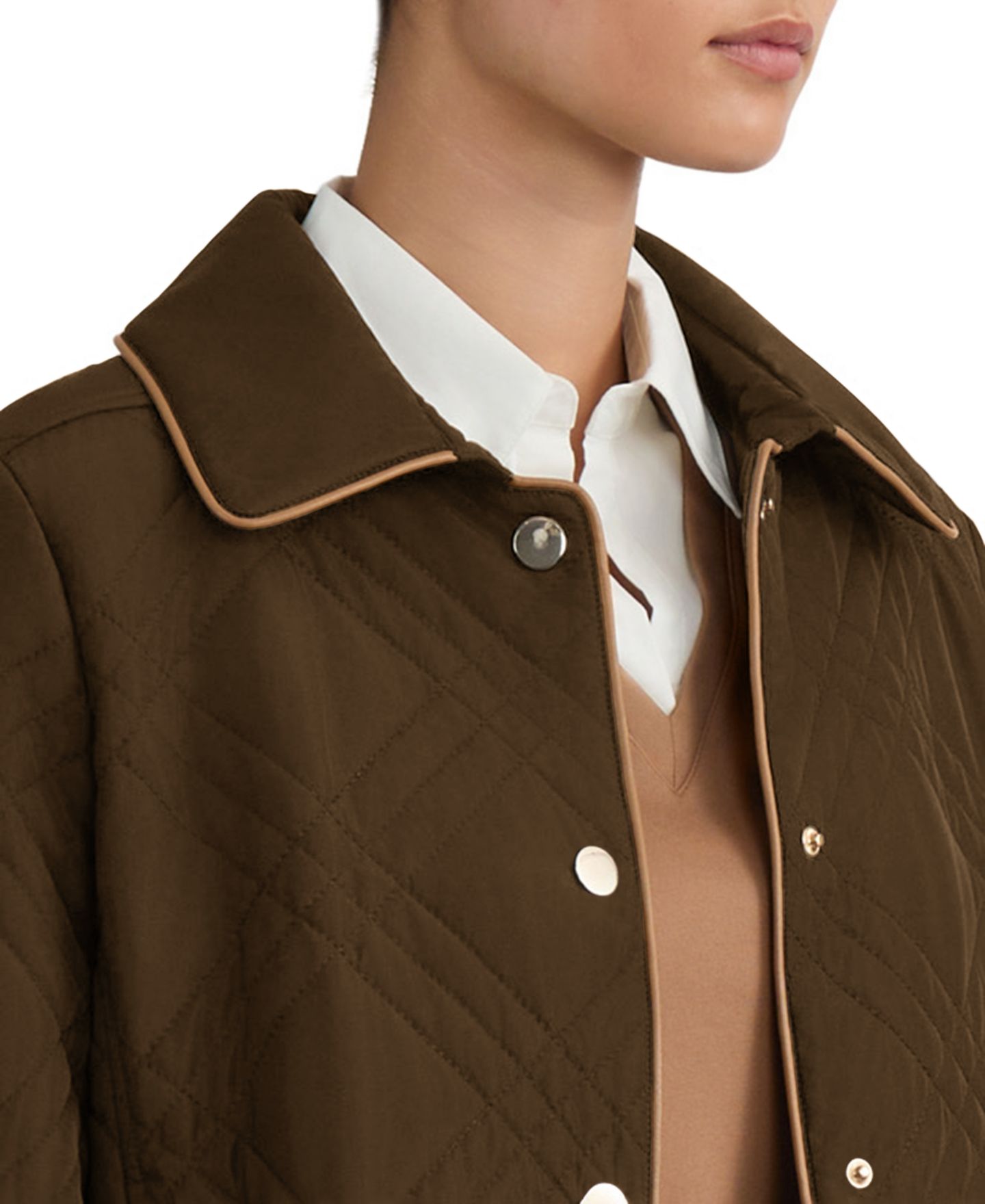 Женская куртка Jones New York Petite Quilted Faux Leather Trim, цвет: Кофейный — фото 4