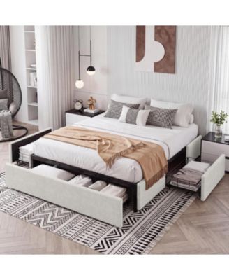 Queen Size Platform Bed Frame with 3 Underbed Storage Drawers Upholstered, No Headboard, Mattress Foundation with Wooden Slat Support