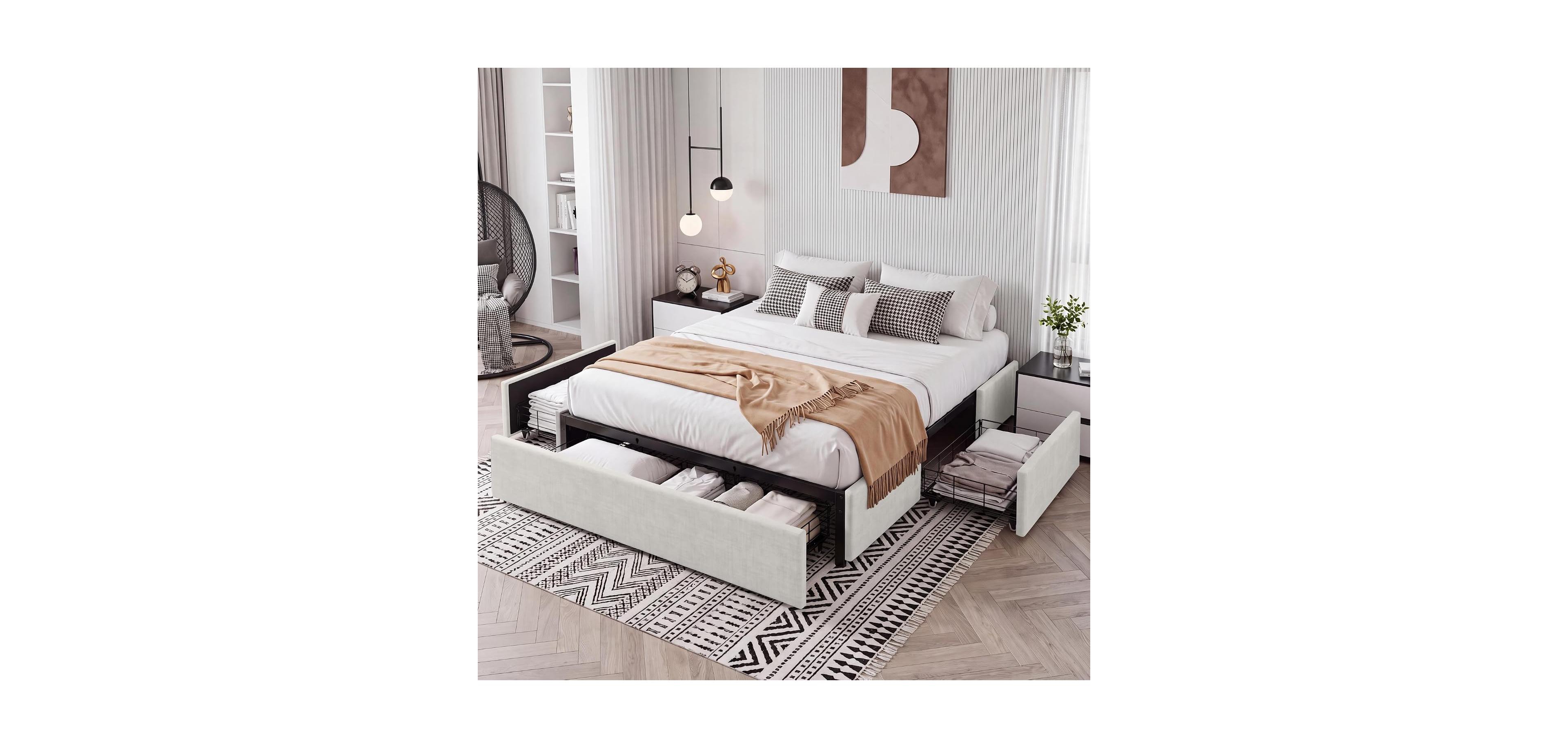 gaomon Queen Size Platform Bed Frame with 3 Underbed Storage Drawers Upholstered, No Headboard, Mattress Foundation with Wooden Slat Support