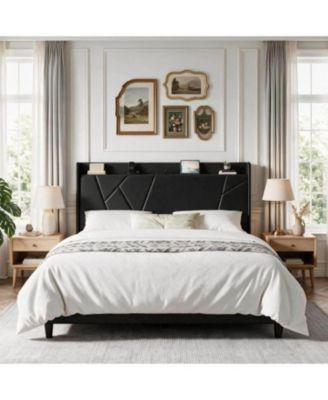 Bed Frame with Storage Shelf and Upholstered Headboard, Wingback Velvet Platform Bed Frame with Charging Station, Solid Wood Slats Support