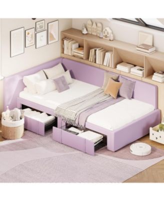 Daybed with 2 Storage Drawers, Corner Bed Frame with Extended Headboard and Bed Rails, Velvet Upholstered Sofa Bed with Guardrail for Bedroom