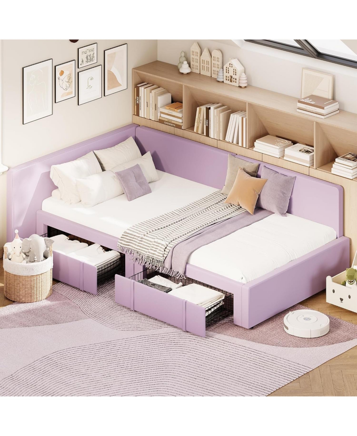 gaomon Daybed with 2 Storage Drawers, Corner Bed Frame with Extended Headboard and Bed Rails, Velvet Upholstered Sofa Bed with Guardrail for Bedroom -