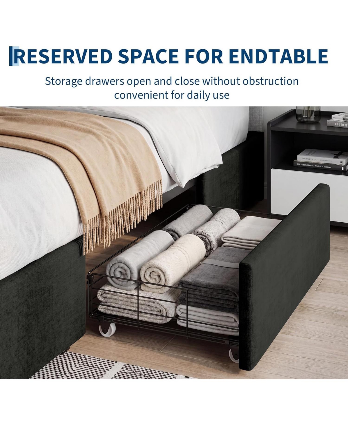 gaomon Queen Size Bed Frame with 3 Underbed Storage Drawers Platform, No Headboard, Mattress Foundation with Wooden Slat Support