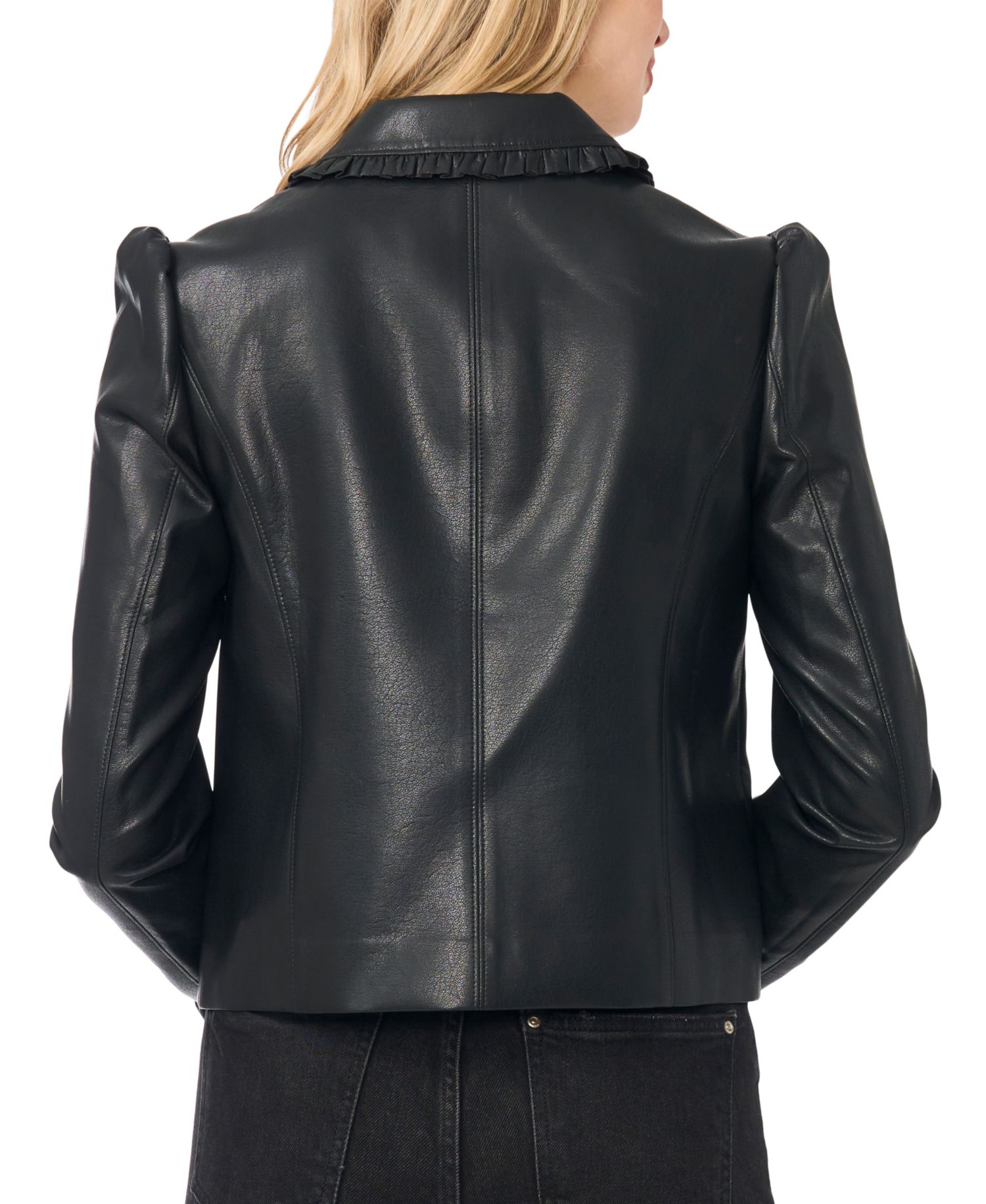 Women's Ruffle-Trim Puff-Shoulder Faux Leather Jacket