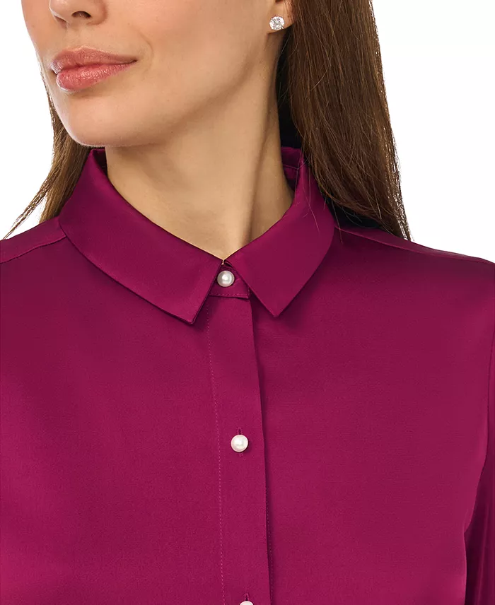 Women's Luxe Satin Imitation Pearl Button Down Blouse - thumbnail 8