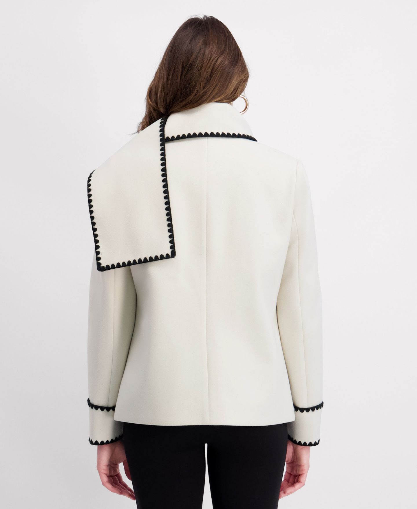 Женская куртка Kensie Scarf Collar Faux Wool Jacket with Whipstitch Detail, цвет: Чёрный / Белый — фото 6