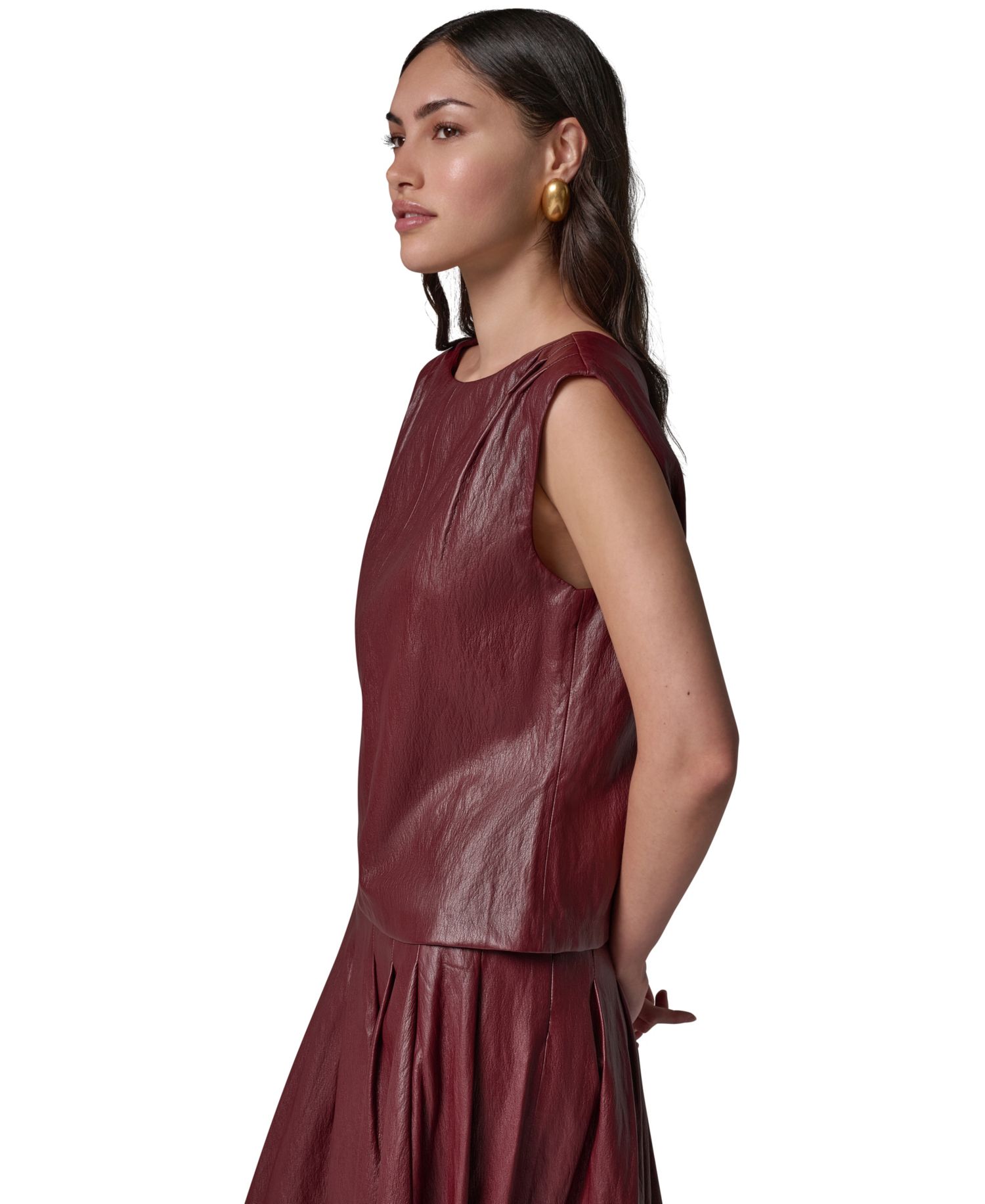 Women's Faux-Leather Sleeveless V-Back Blouse