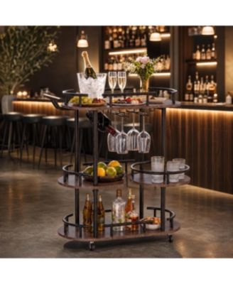 3 Tier Rolling Bar Cart, 360degree(s) Rotating Marble Shelves, Industrial Metal Cart with Wine Rack and Glass Holder for Home Bar
