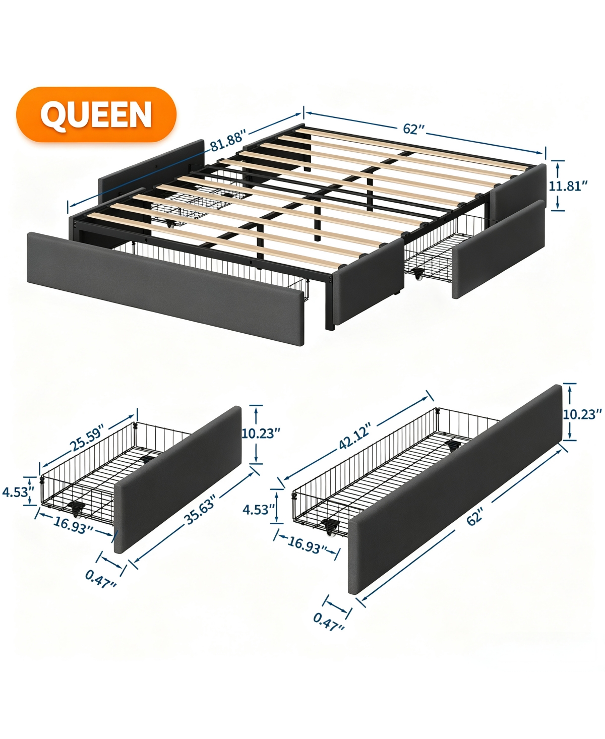 Gaomon Upholstered Metal Platform Bed Frame with Under-Basket Storage