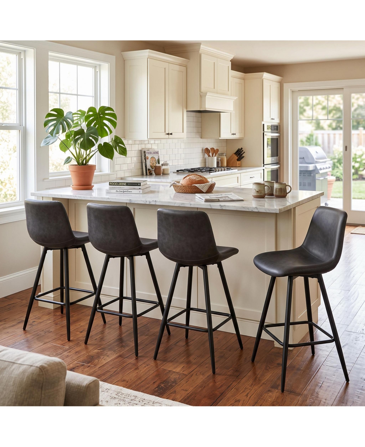 4 Set of Counter Height Bar Stools With Backrests, 24 Inch Faux Leather Upholstered Bar Chairs With Metal Legs, Modern Stools For Kitchen, Island