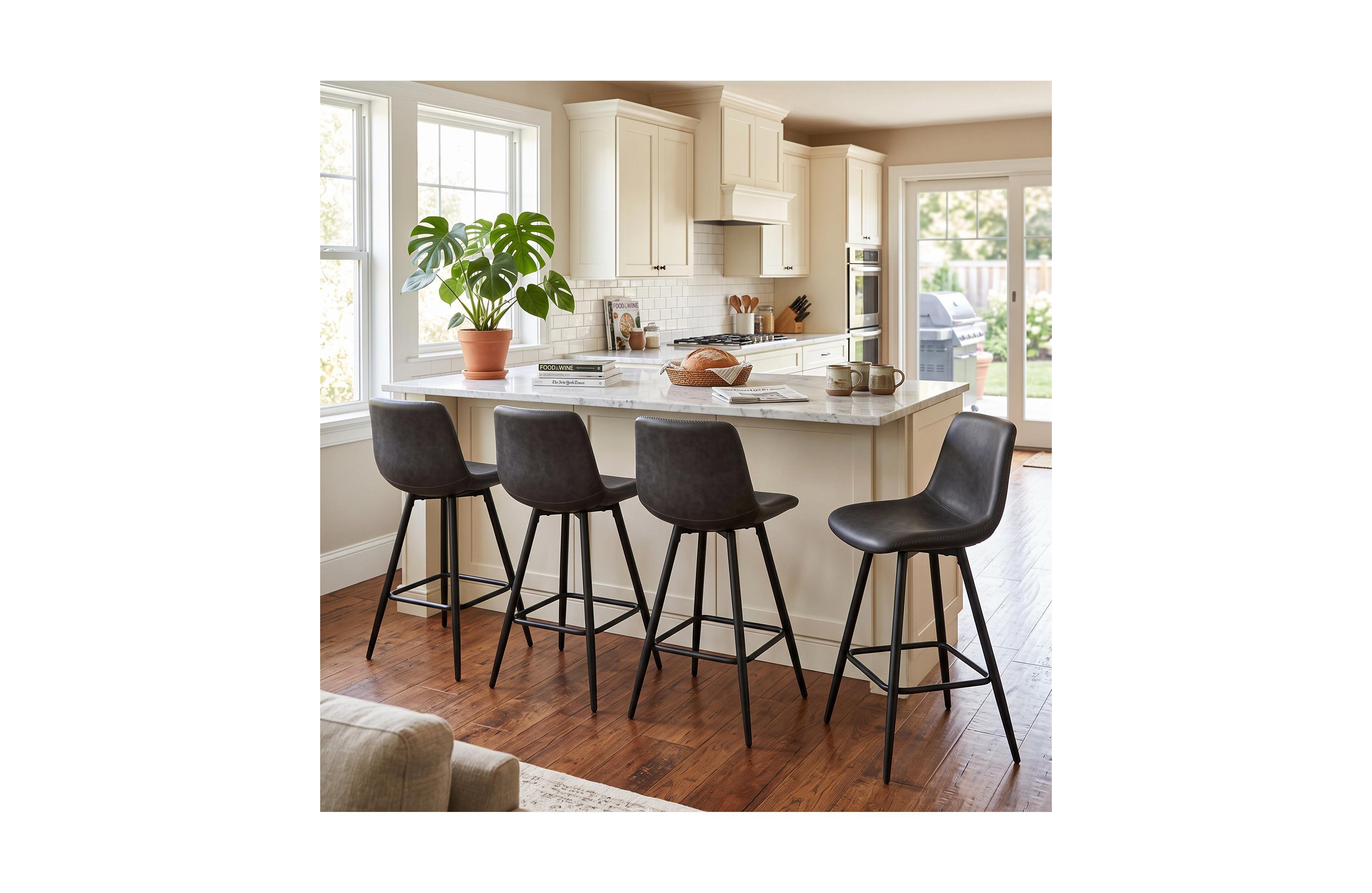 4 Set of Counter Height Bar Stools With Backrests, 24 Inch Faux Leather Upholstered Bar Chairs With Metal Legs, Modern Stools For Kitchen, Island