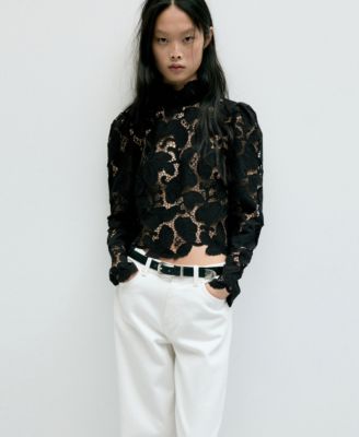 Women's Band Collar Guipure Long-Puffed-Sleeve Blouse
