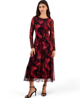 Petite Floral Boat-Neck Long-Sleeve Midi Dress