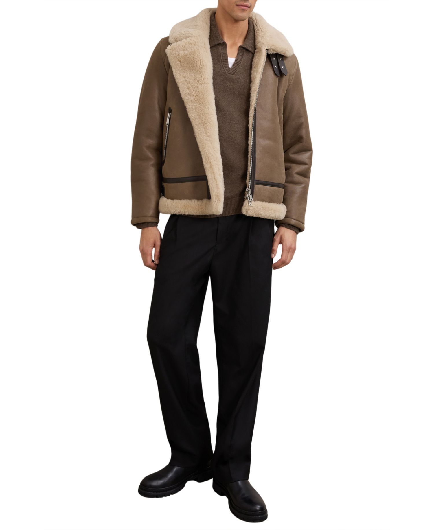 Men's Hardy Aviator-Style Shearling-Collar Leather Jacket