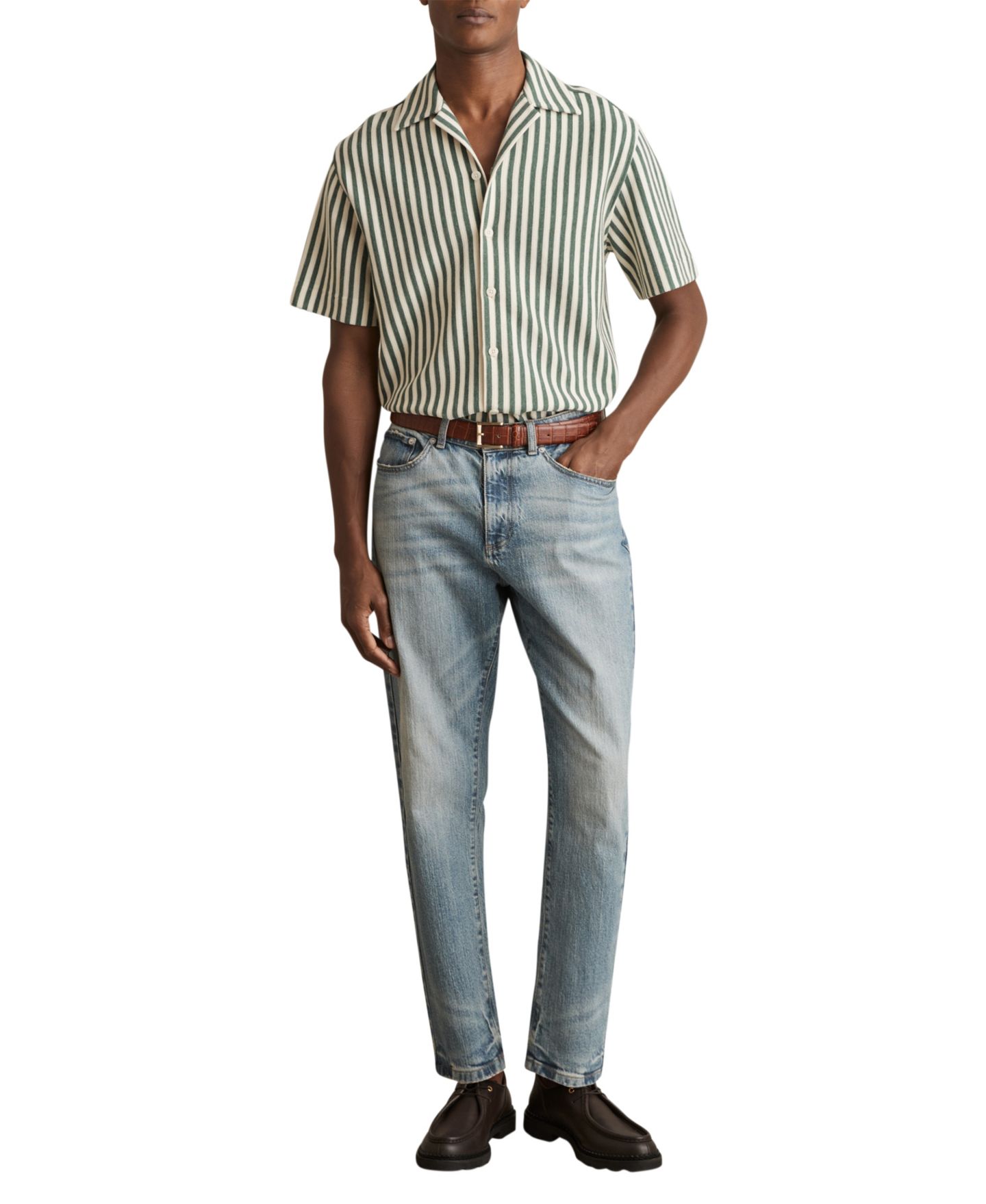 Мужская рубашка REISS Trig Textured Stripe Cuban-Collar, цвет: Зелёный / Белый — фото 1