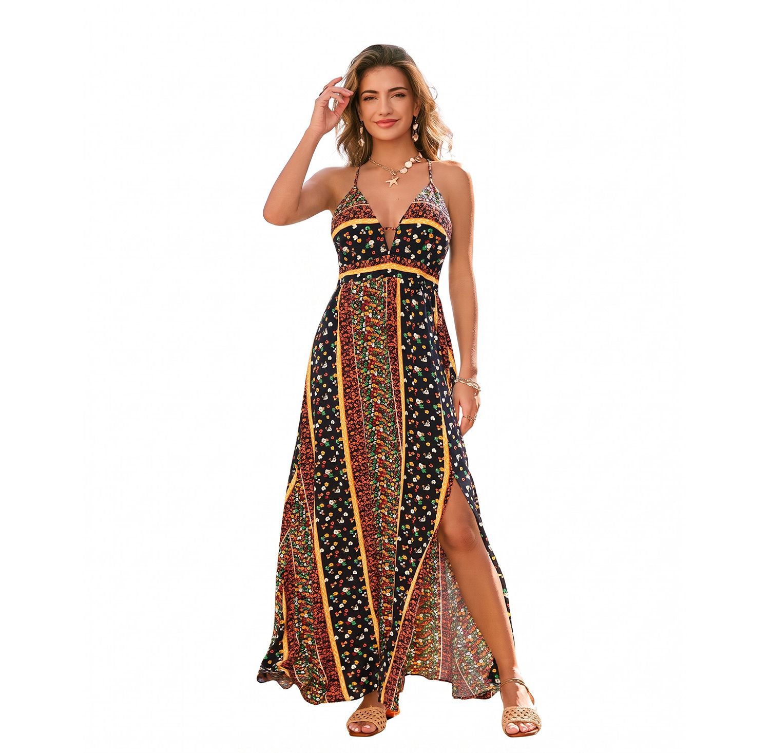 Women's Floral Print Halter Neck Side Slit Maxi Dress