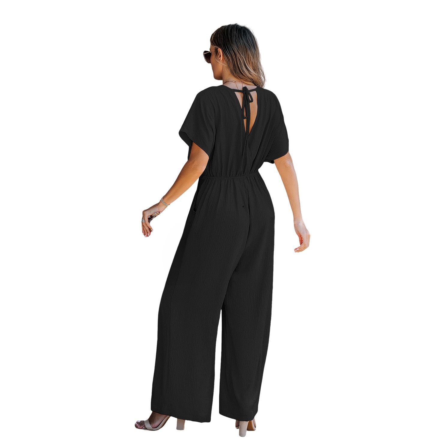 Женский комбинезон Cupshe V-Neck Short Sleeve Straight Leg Jumpsuit, цвет: Чёрный — фото 3