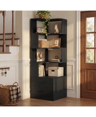 Small 6-Tier Corner Bookcase with 2-Drawers, BookShelf for Bedroom Storage
