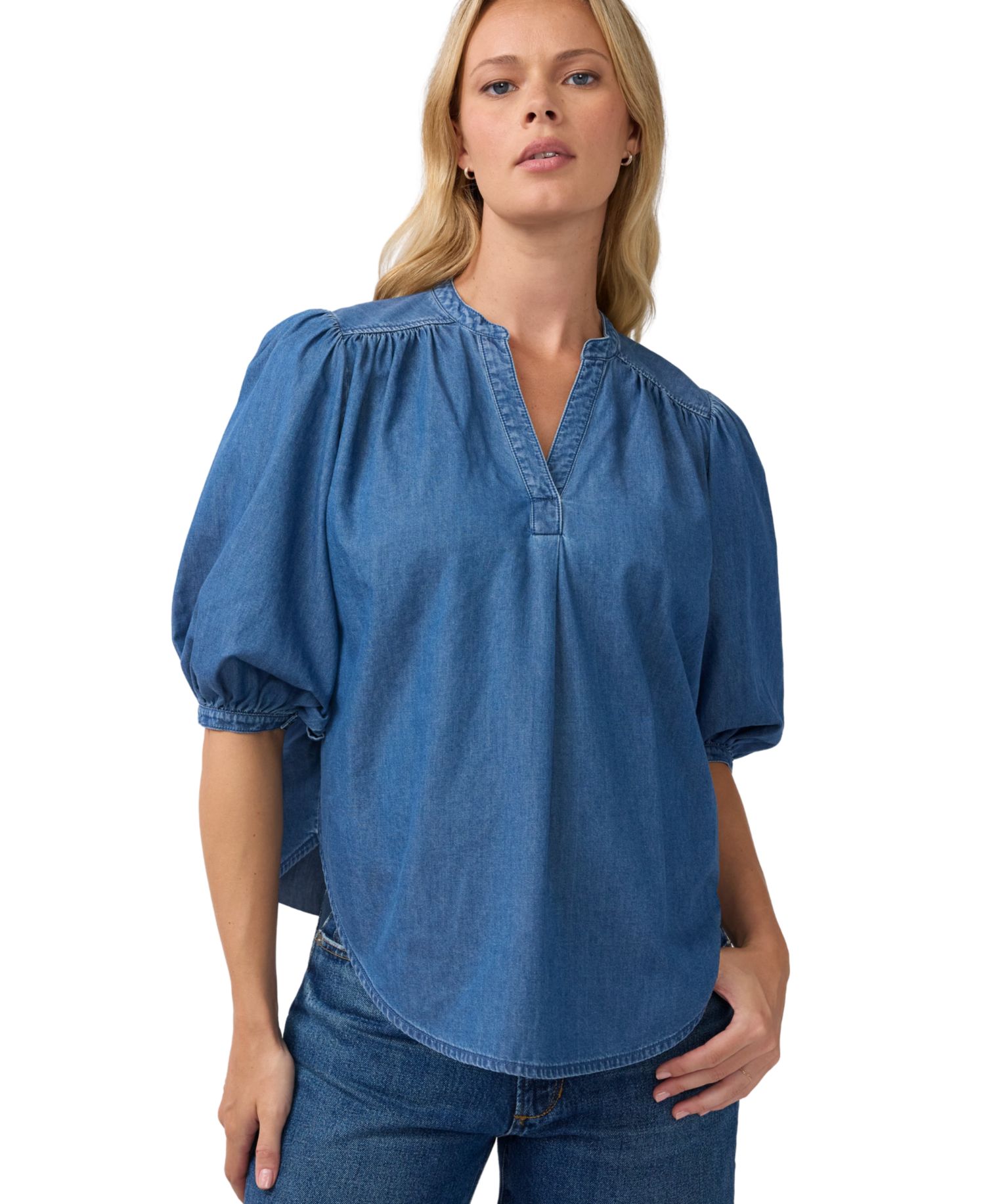 Maternity Popover Chambray Relaxed-Fit Blouse