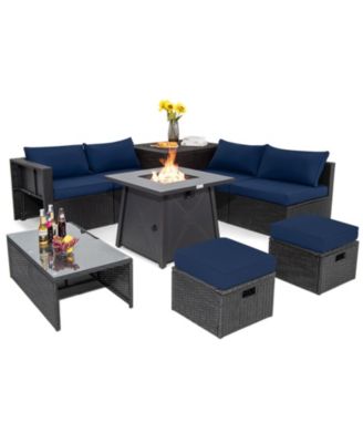 9-Piece Rattan Patio Set with 30 in Propane Fire Pit and Dust Covers