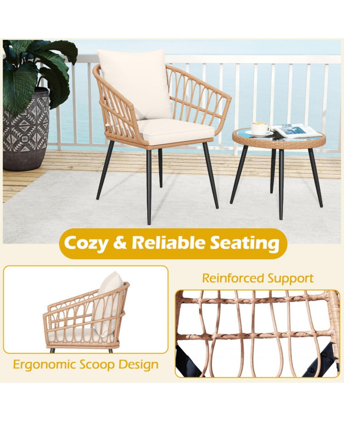 Sugift 3-Piece Patio Bistro Conversation Set with Pe Rattan Chairs and Tempered Glass Table
