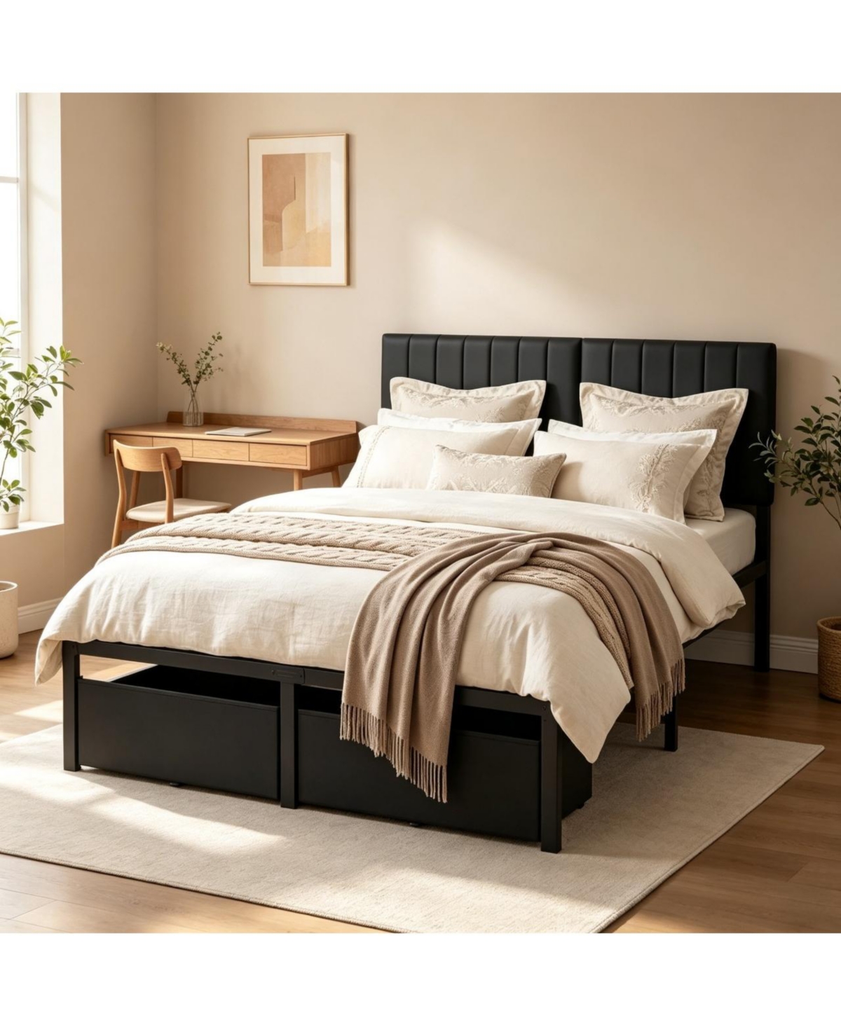 gaomon Modern Bed Frame, Heavy Duty Metal Platform with Upholstered Headboard, Under-bed Storage Drawers