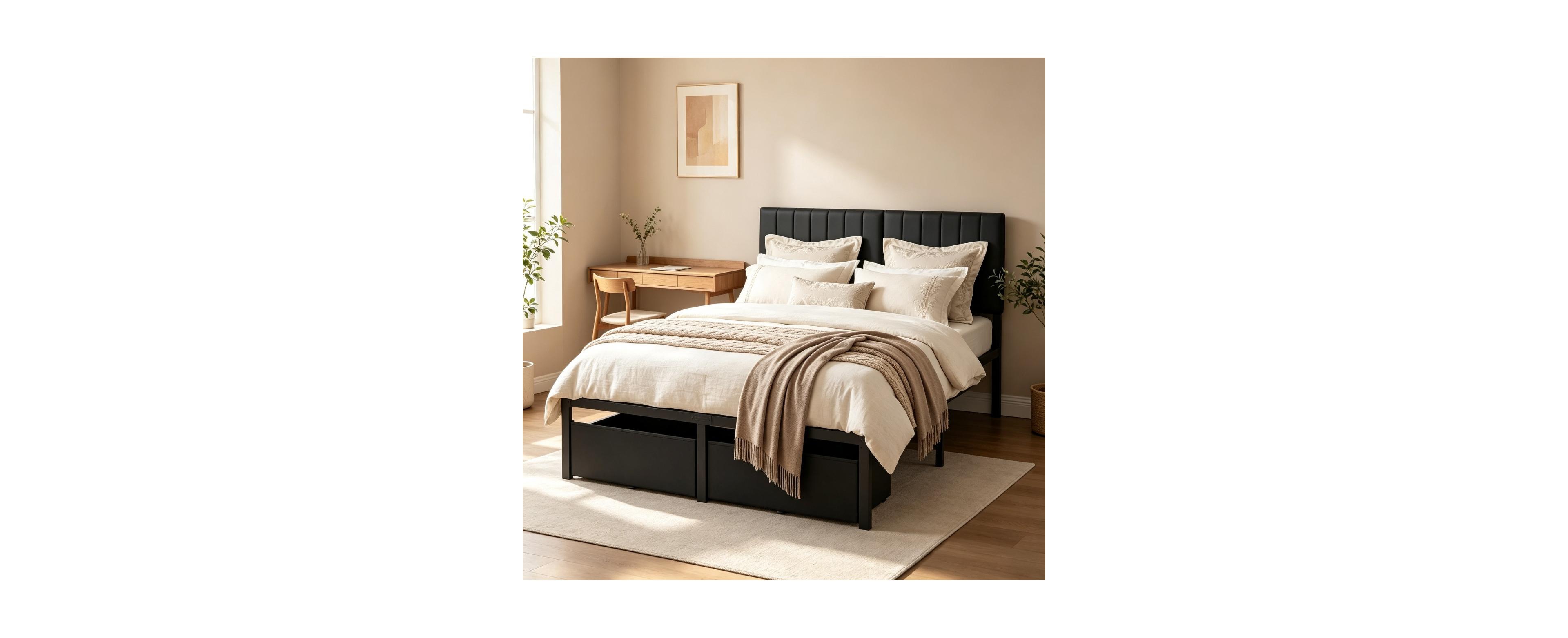gaomon Modern Bed Frame, Heavy Duty Metal Platform with Upholstered Headboard, Under-bed Storage Drawers