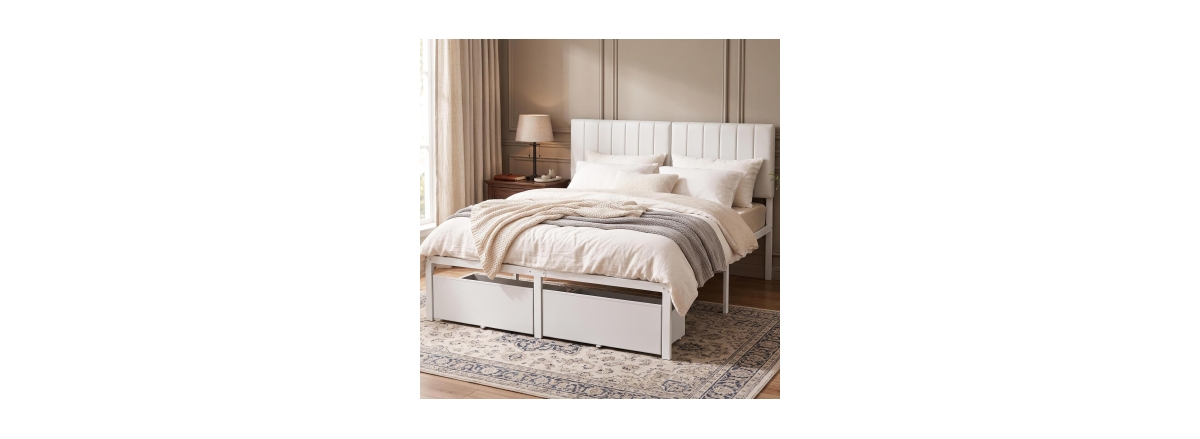 gaomon Modern Bed Frame, Heavy Duty Metal Platform Bed with Upholstered Headboard, Under-bed Storage Drawers, Slat Support - Light Beige