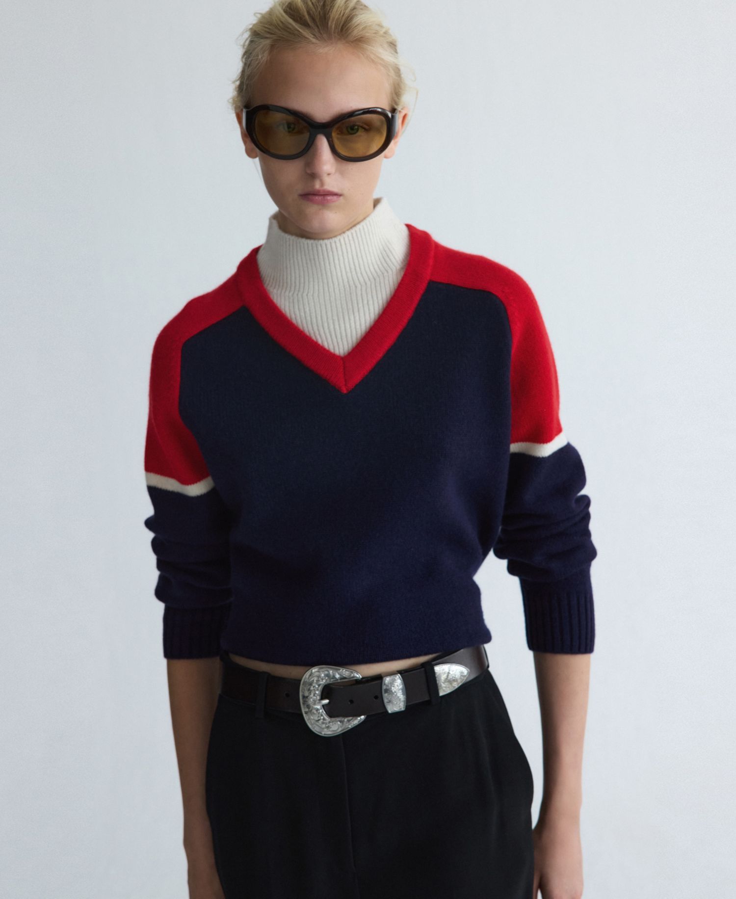 Women's Selection High Neck Contrast-Overlay Wool-Blend Sweater