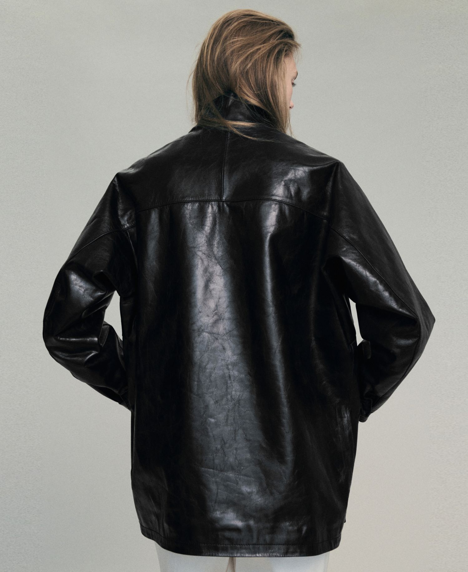 Women's Selection Oversized Funnel-Neck Leather Parka