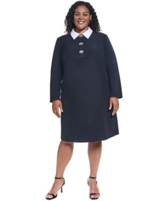 Plus Size Button-Front Collar Shift Long-Sleeve Knee-Length Dress