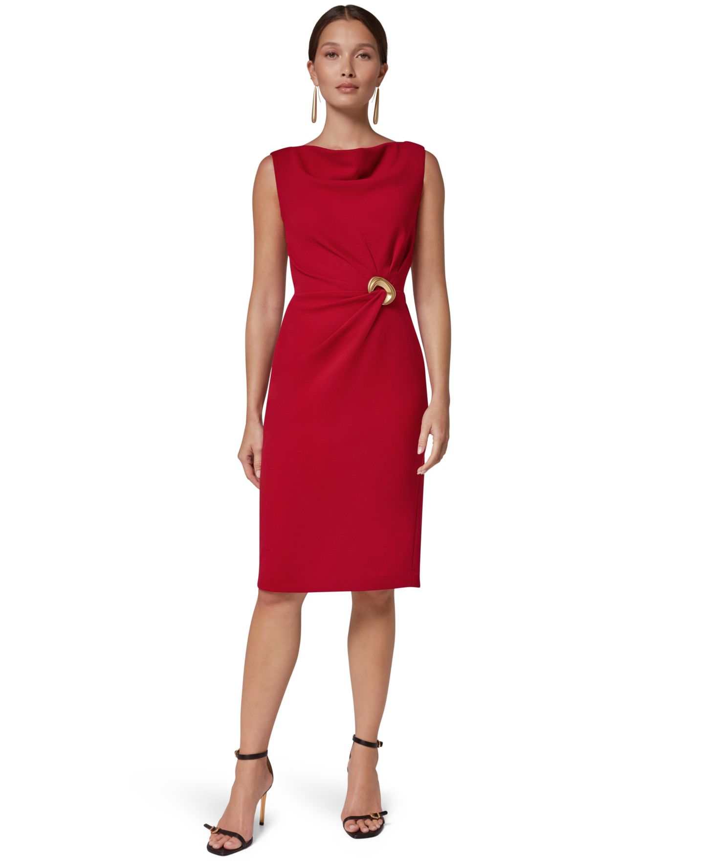 Женское платье Donna Karan New York Sleeveless Cowl-Neck Hardware Sheath, цвет: Красный бархатный — фото 1