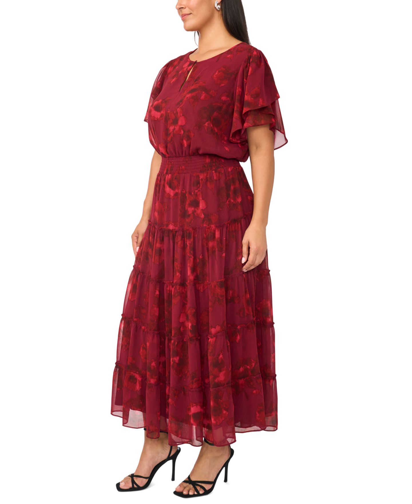 Женское платье MSK Plus Size Floral-Print Tiered Flutter-Sleeve Maxi, цвет: Port — фото 2