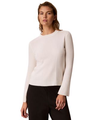 Women's Ribbed Sculpted-Sleeve Crewneck Sweater